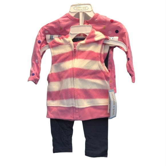 Cutie pie 3 piece long sleeve/hooded vest outfit, pink/white/blue, 12 M. - Picture 2 of 11